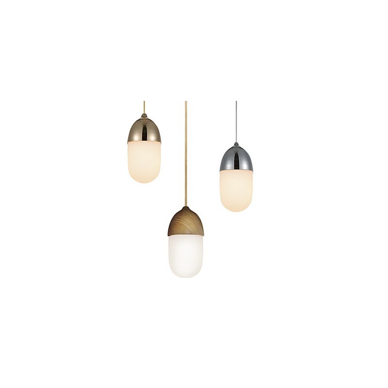 Mini Luminária Pendente Acorn 1 Luz Mordern Simplicity Dourado Cromado Acabamento em Madeira Aço Carbono e Vidro Droplight