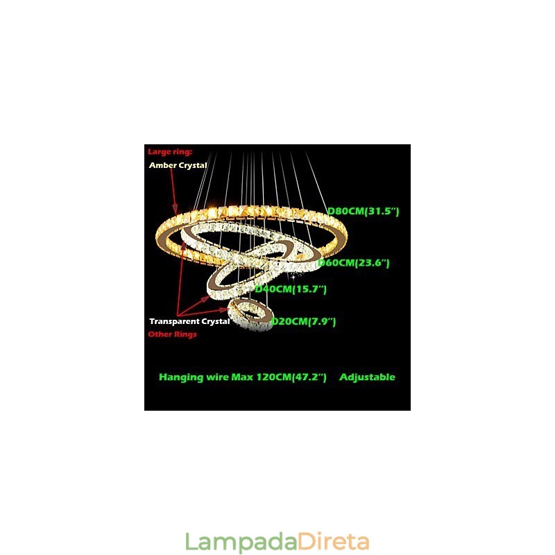 Luminárias Pendentes Luz de Teto Lustre Iluminação Redondo 4 Anéis Grande Anel Cristal Âmbar e Outros Cristais Transparentes
