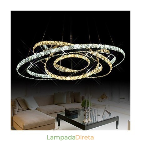 Luminárias de teto com pingente de cristal, lustre com 3 anéis brancos quentes e frios Luminárias de teto com pingente de cristal, lustre com 3 anéis brancos quentes e frios