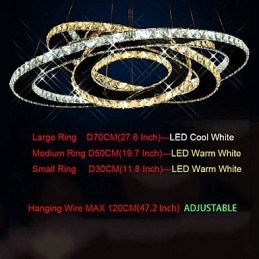 Luminárias de teto com pingente de cristal, lustre com 3 anéis brancos quentes e frios