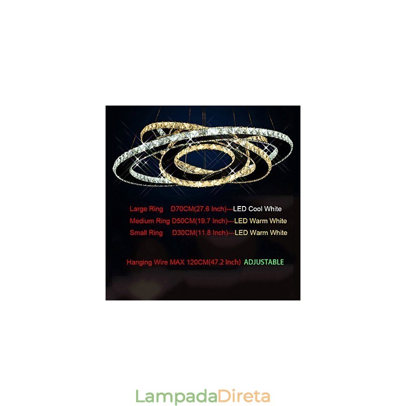 Luminárias de teto com pingente de cristal, lustre com 3 anéis brancos quentes e frios