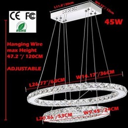 Luminária pendente de cristal moderna com anel duplo oval para