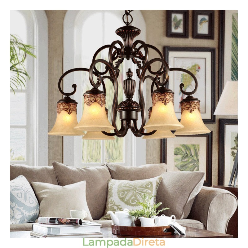 Lustre Pendente 6 Luzes Vintage Country Island Metal+Vidro
