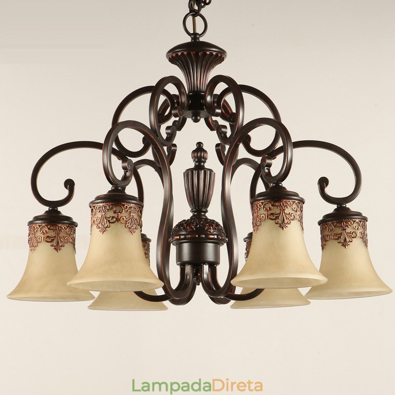 Lustre Pendente 6 Luzes Vintage Country Island Metal+Vidro