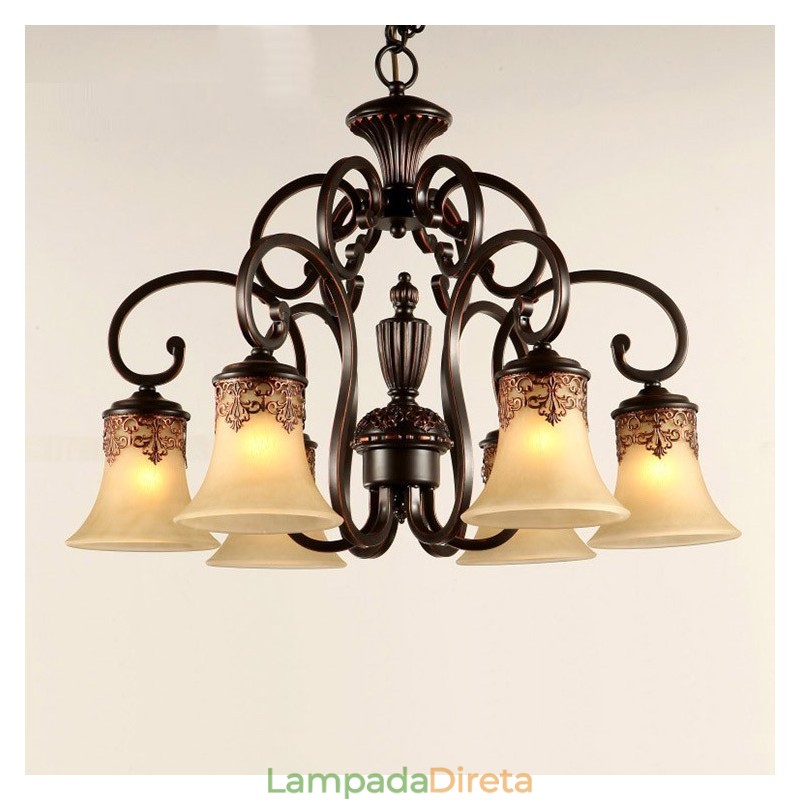 Lustre Pendente 6 Luzes Vintage Country Island Metal+Vidro