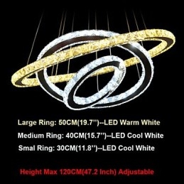 Luminárias de lustre pendente circular regulável com cristal K9 branco quente e frio com controle remoto