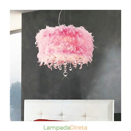 Luminária pendente de cristal com 5 luzes em abajur de penas rosa Luminária pendente de cristal com 5 luzes em abajur de penas rosa