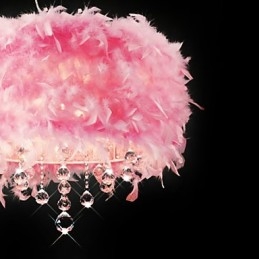 Luminária pendente de cristal com 5 luzes em abajur de penas rosa