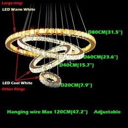 Lustre de teto de cristal pendente K9 cristal transparente redondo 4 anéis anel grande (branco quente) outro (branco frio)