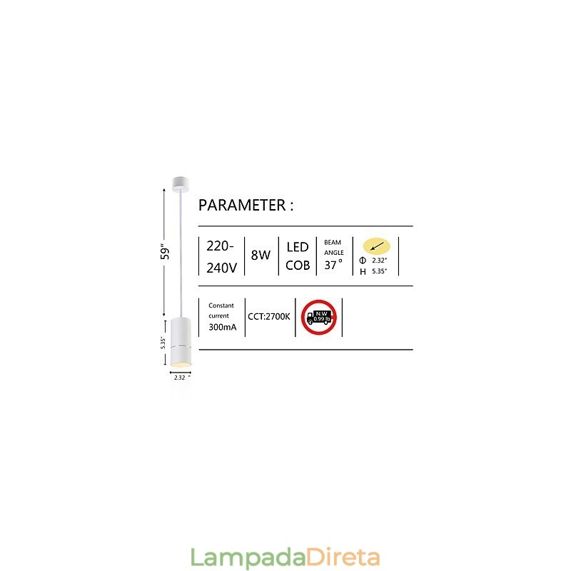 GE 05032 8W 136mm 1 Luz Mini Pendente Branco Pó com Alumínio