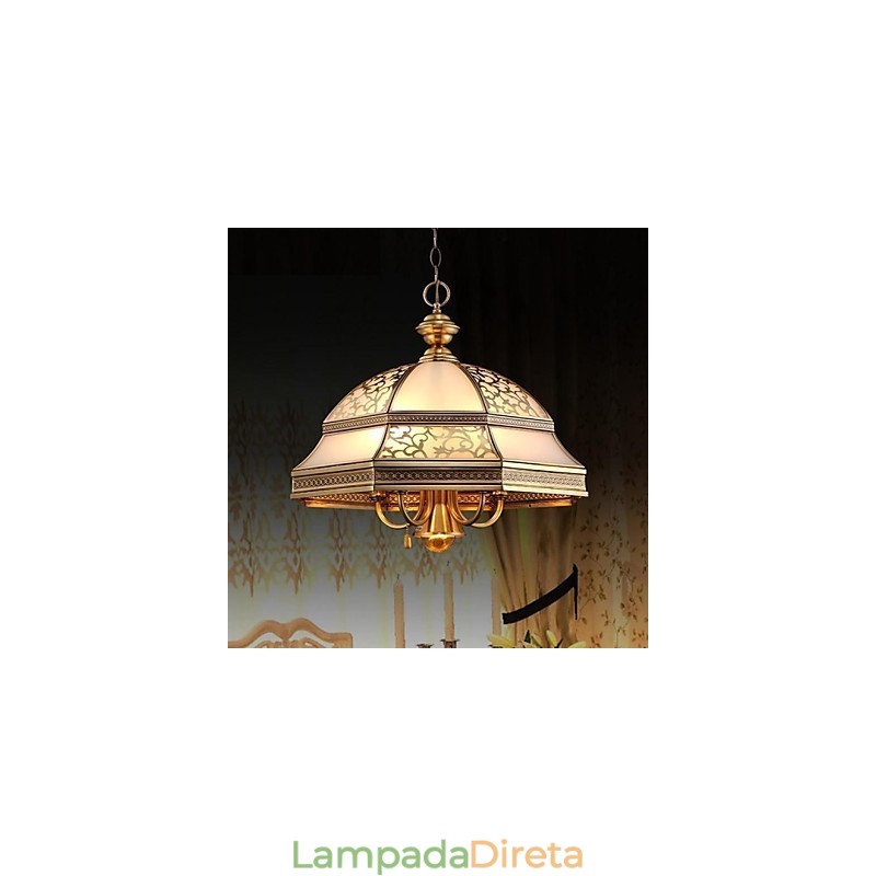 Luminária pendente de latão com seis luzes vintage, cobre total, vidro
