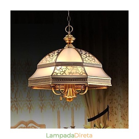 Luminária pendente de latão com seis luzes vintage, cobre total, vidro Luminária pendente de latão com seis luzes vintage, cobre total, vidro
