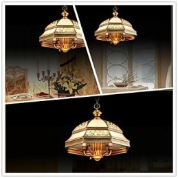 Luminária pendente de latão com seis luzes vintage, cobre total, vidro