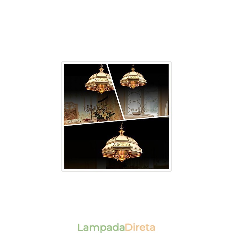 Luminária pendente de latão com seis luzes vintage, cobre total, vidro