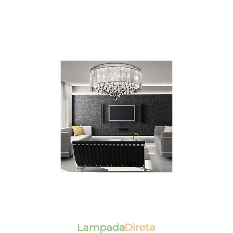 Elegante luminária pendente de cristal com 8 luzes em cúpula cilíndrica