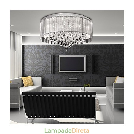 Elegante luminária pendente de cristal com 8 luzes em cúpula cilíndrica Elegante luminária pendente de cristal com 8 luzes em cúpula cilíndrica