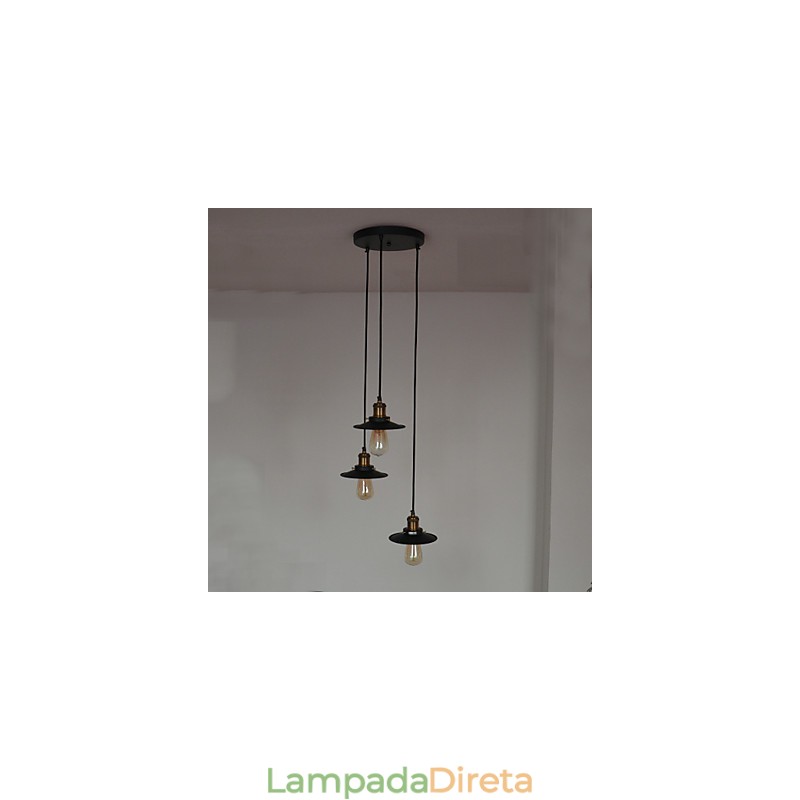 Pendente Vintage 3 Luzes Em Sombra De Ferro