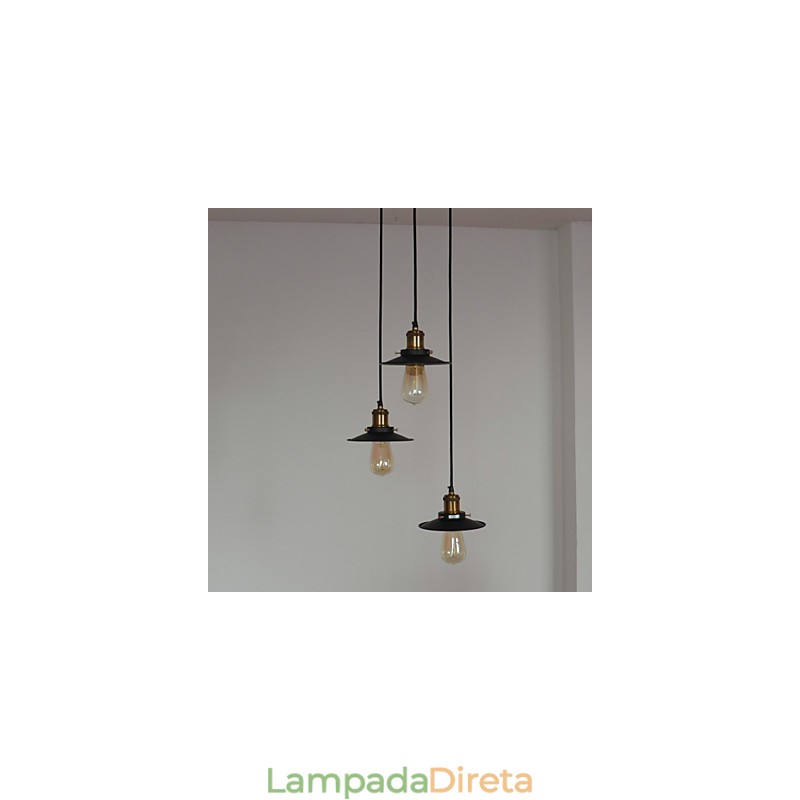 Pendente Vintage 3 Luzes Em Sombra De Ferro