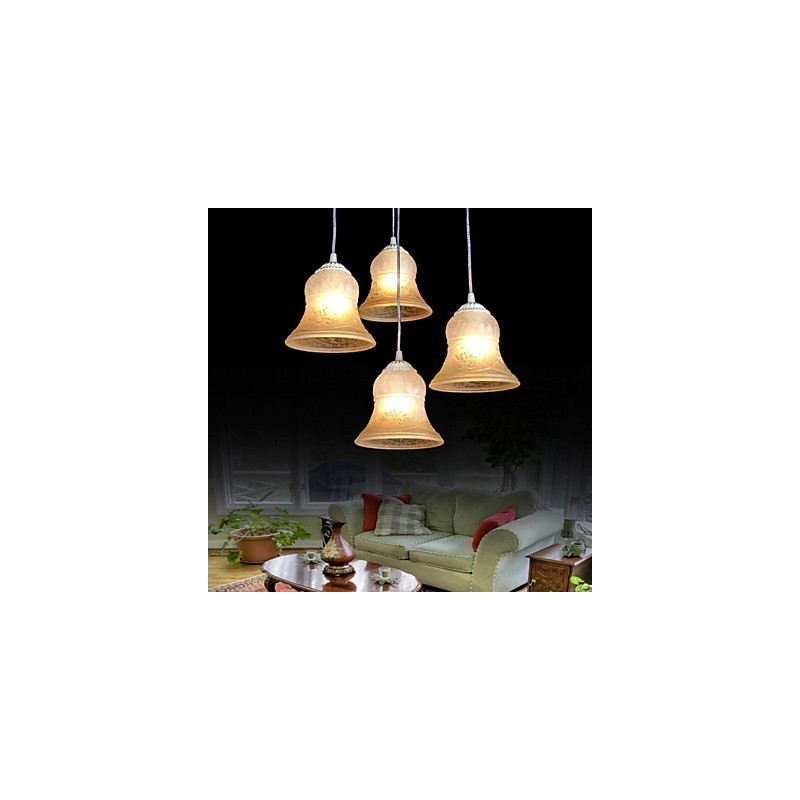 Pendente Branco Quatro Luzes Padrão Vidro Abajur Mão Dourado Europeu Retro Clássico