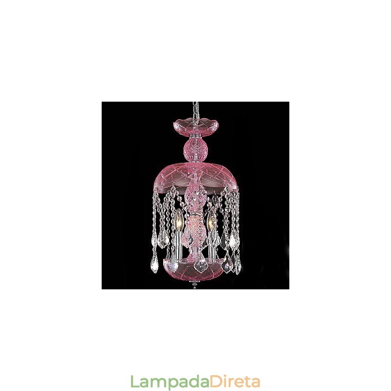 Luminária pendente de cristal moderna com 3 luzes em tom rosa