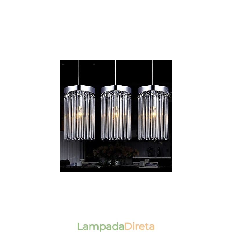 Pendente moderno de 3 luzes com haste de vidro