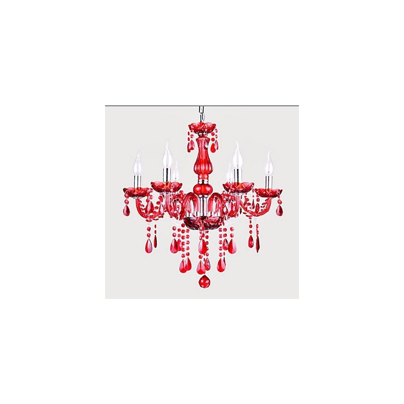 Lustre Cristal Vermelho Luxo Moderno 6 Luzes