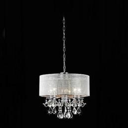 Luminária pendente de cristal moderna com 5 luzes e cúpula de tecido