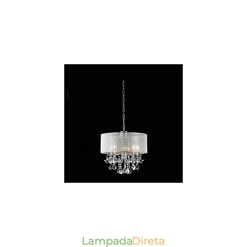 Luminária pendente de cristal moderna com 5 luzes e cúpula de tecido
