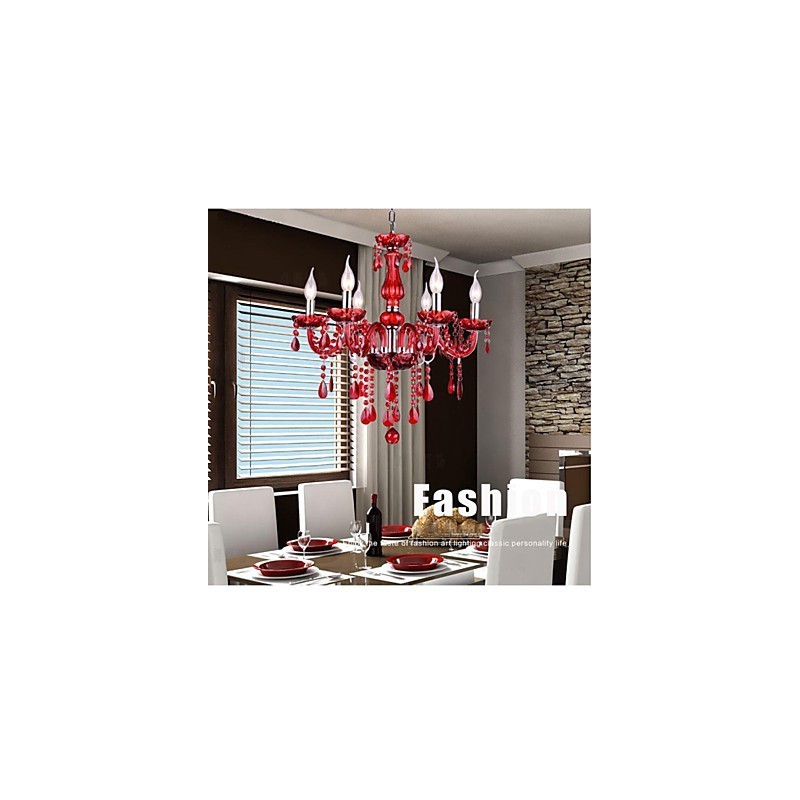 Lustre Cristal Vermelho Luxo Moderno 6 Luzes