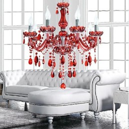 Lustre Cristal Vermelho Luxo Moderno 6 Luzes