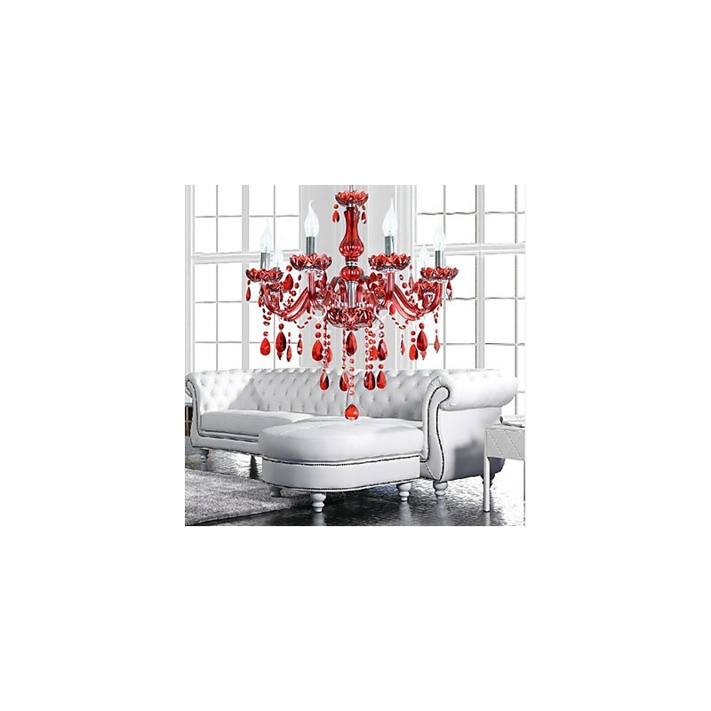 Lustre Cristal Vermelho Luxo Moderno 6 Luzes