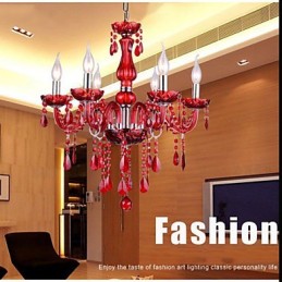 Lustre Cristal Vermelho Luxo Moderno 6 Luzes