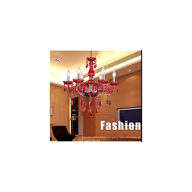 Lustre Cristal Vermelho Luxo Moderno 6 Luzes