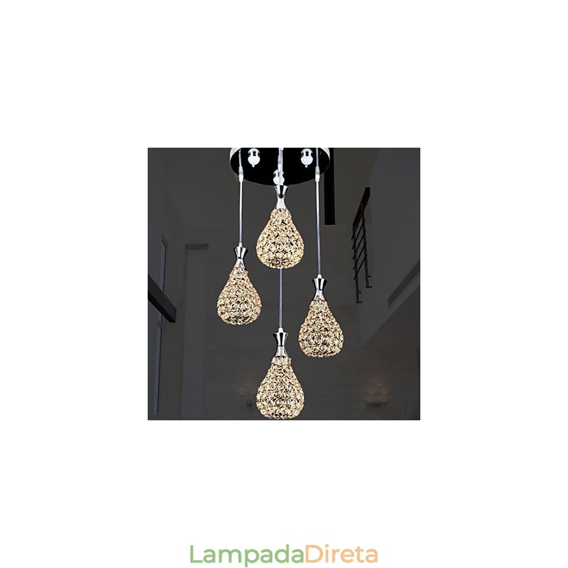 4 Cabeças Pendente Luz Cristal Moderno Contemporâneo Metal