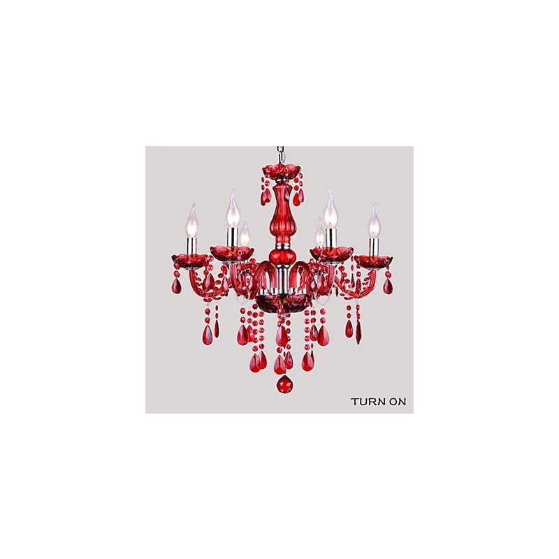 Lustre Cristal Vermelho Luxo Moderno 6 Luzes