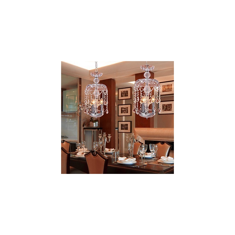 Luminária pendente de cristal moderna com 3 luzes em cúpula de vidro