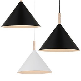 Mini Luminária Pendente Cone Artística 1 Luz Acabamento Mordern Simplicity Preto Branco Alumínio e Droplight de Madeira