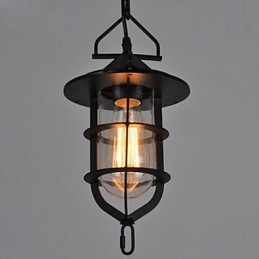 Luminária pendente média vintage em formato de gaiola preta com vidro e tampa de metal
