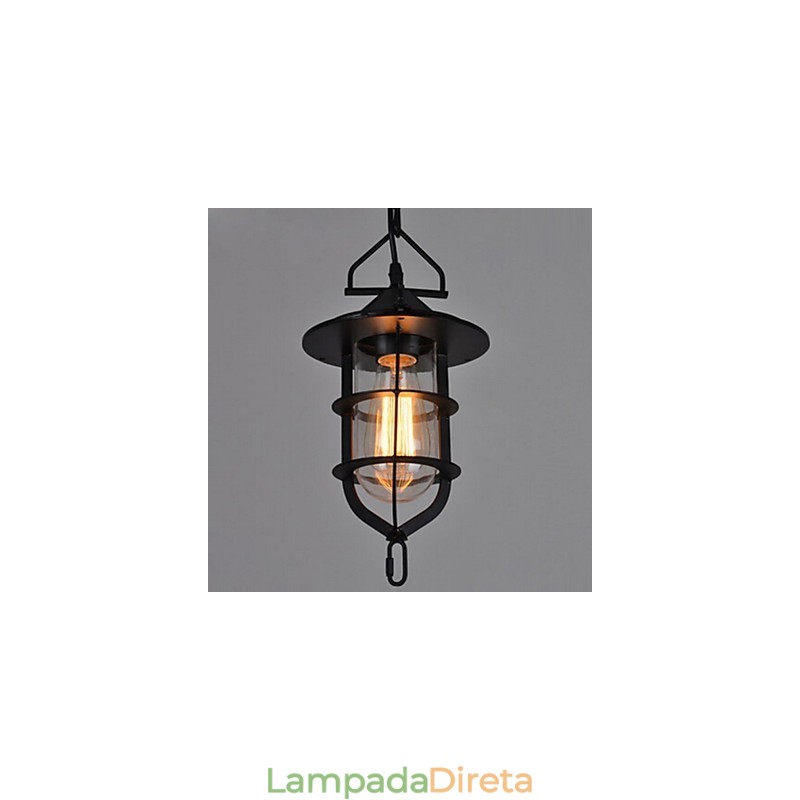 Luminária pendente média vintage em formato de gaiola preta com vidro e tampa de metal