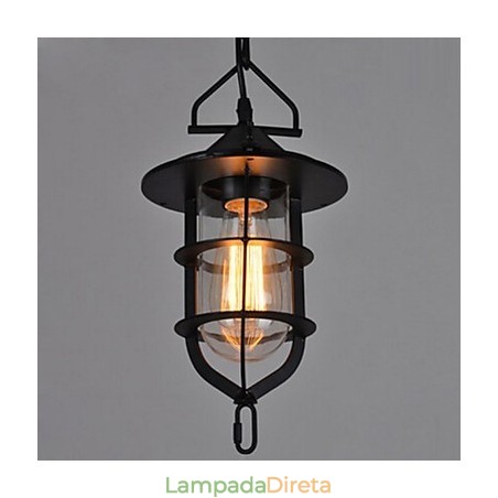 Luminária pendente média vintage em formato de gaiola preta com vidro e tampa de metal Luminária pendente média vintage em formato de gaiola preta com vidro e tampa de metal