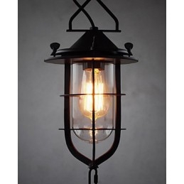 Luminária pendente média vintage em formato de gaiola preta com vidro e tampa de metal
