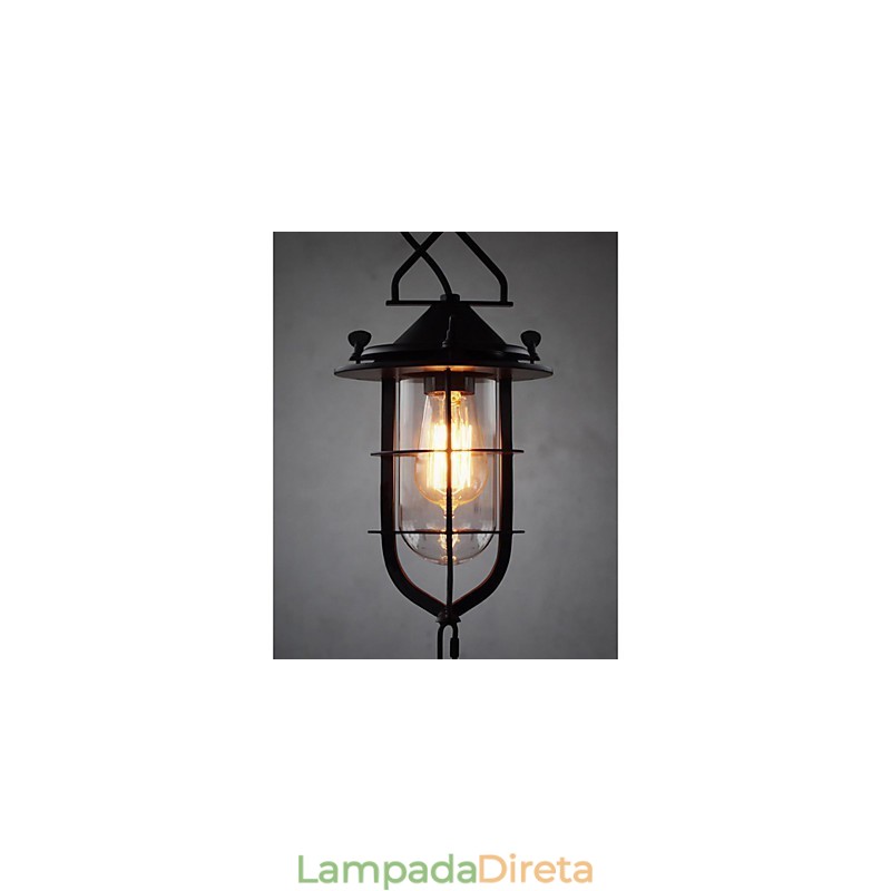 Luminária pendente média vintage em formato de gaiola preta com vidro e tampa de metal