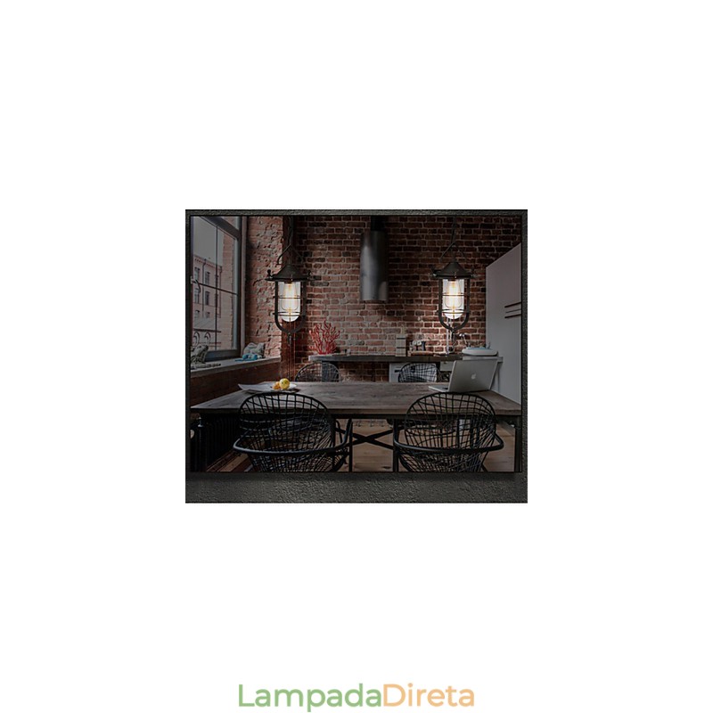 Luminária pendente média vintage em formato de gaiola preta com vidro e tampa de metal