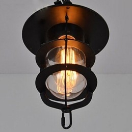 Luminária pendente média vintage em formato de gaiola preta com vidro e tampa de metal