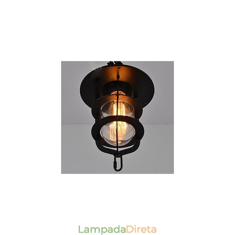 Luminária pendente média vintage em formato de gaiola preta com vidro e tampa de metal