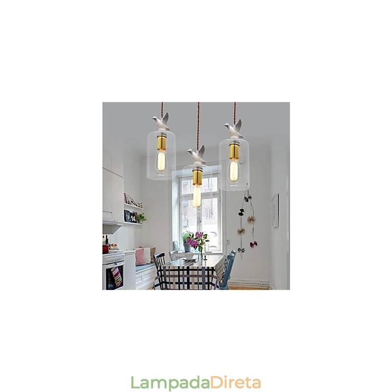 Lustre de vidro criativo com pingente de pássaro e cúpula de vidro
