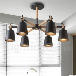 Lustre moderno contemporâneo de madeira com 6 luzes