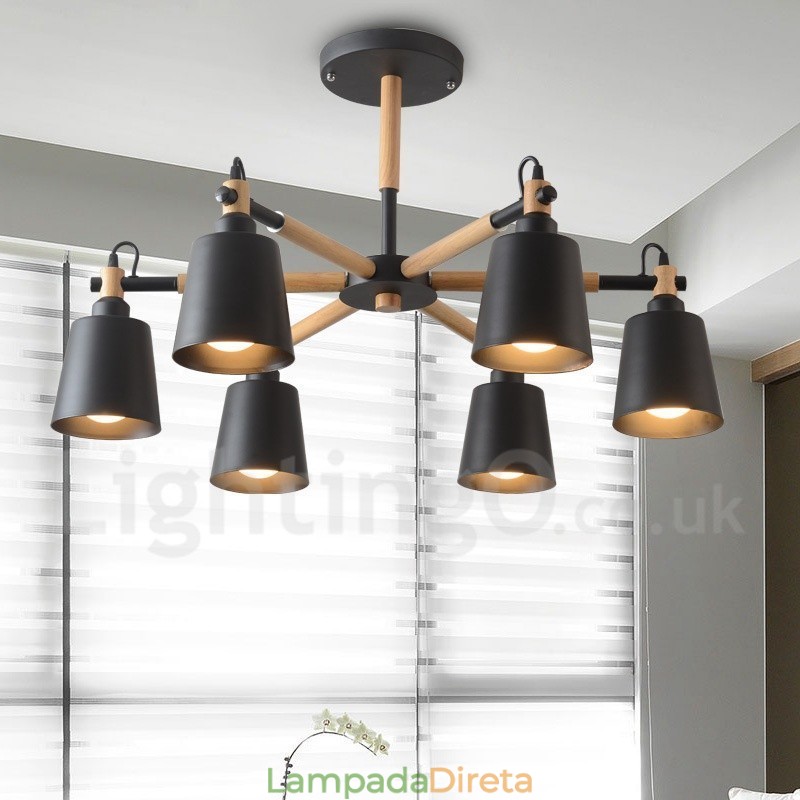 Lustre moderno contemporâneo de madeira com 6 luzes