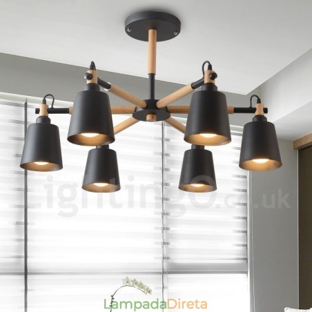 Lustre moderno contemporâneo de madeira com 6 luzes Lustre moderno contemporâneo de madeira com 6 luzes