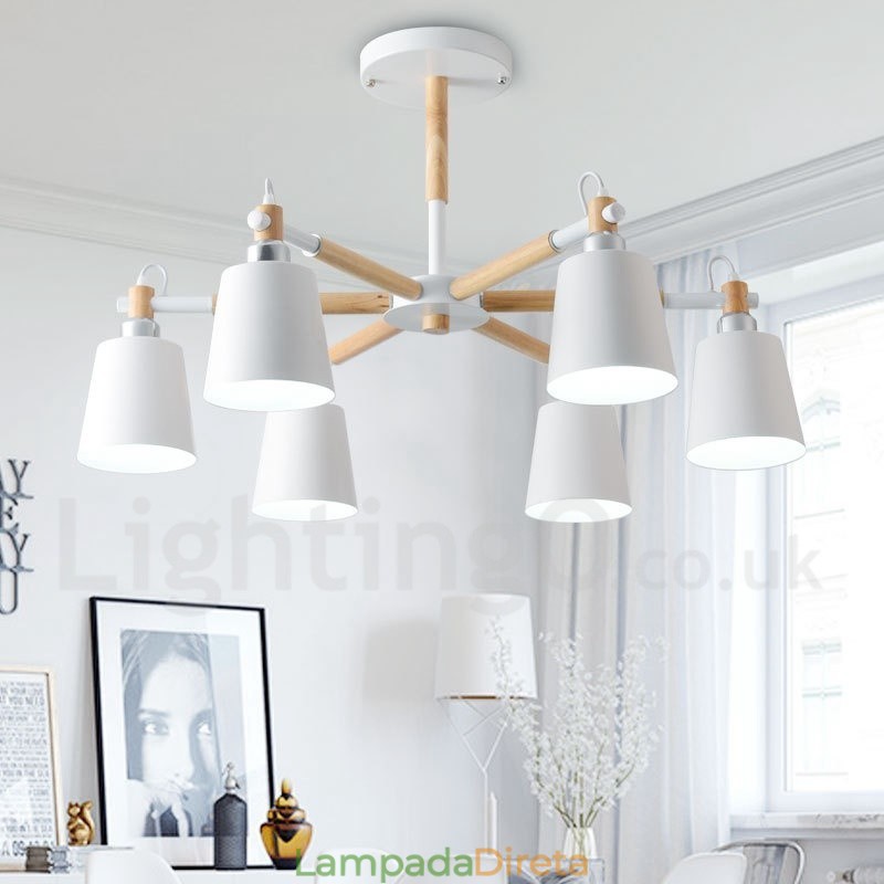 Lustre moderno contemporâneo de madeira com 6 luzes